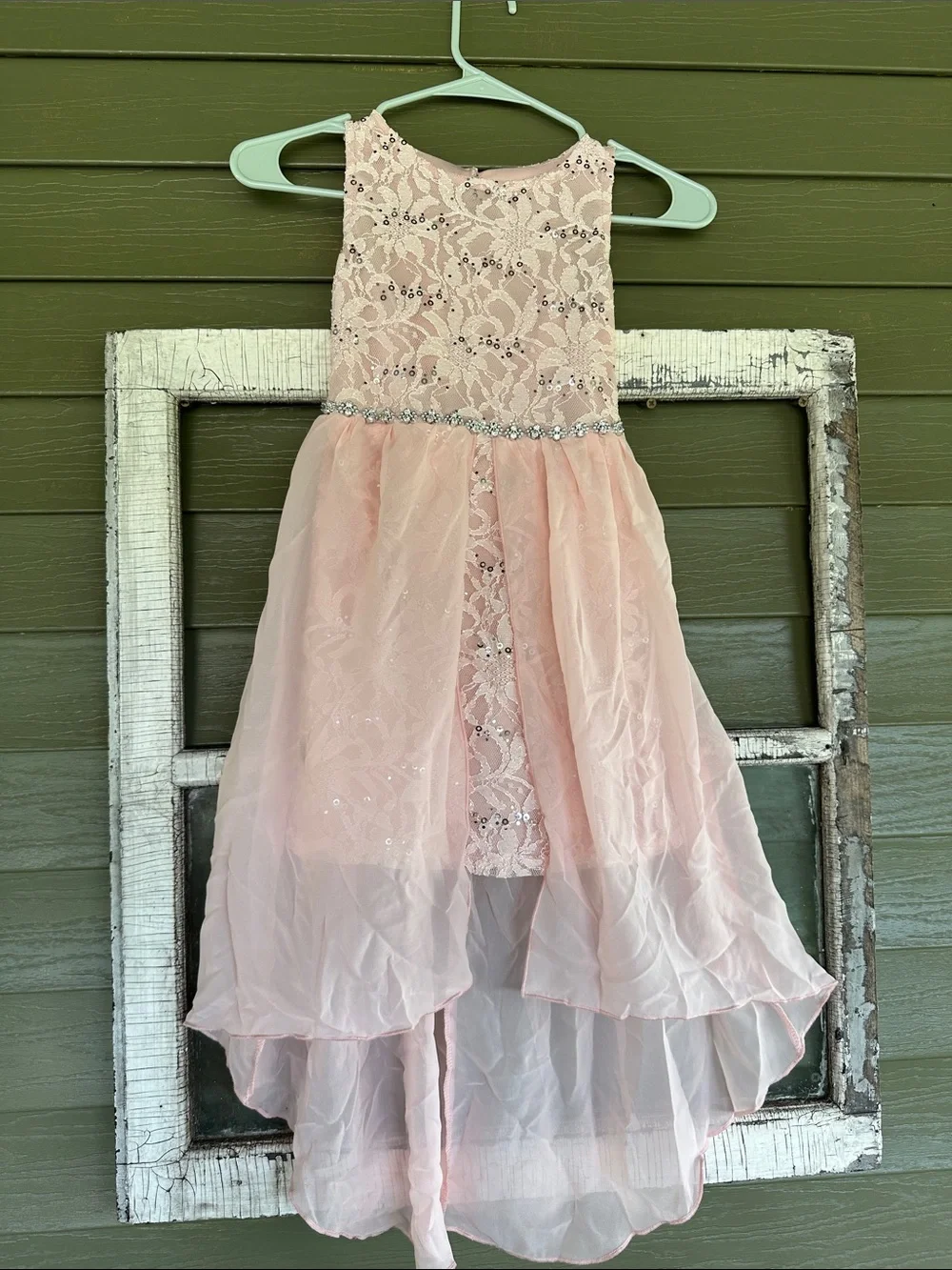 Girls Blush Pink Lace Hi-Low Party Dress with Rhinestone Waist